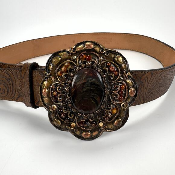 Vintage Leatherock Brown Handtooled Leather Flower Big Buckle Belt Size M - Picture 1 of 9
